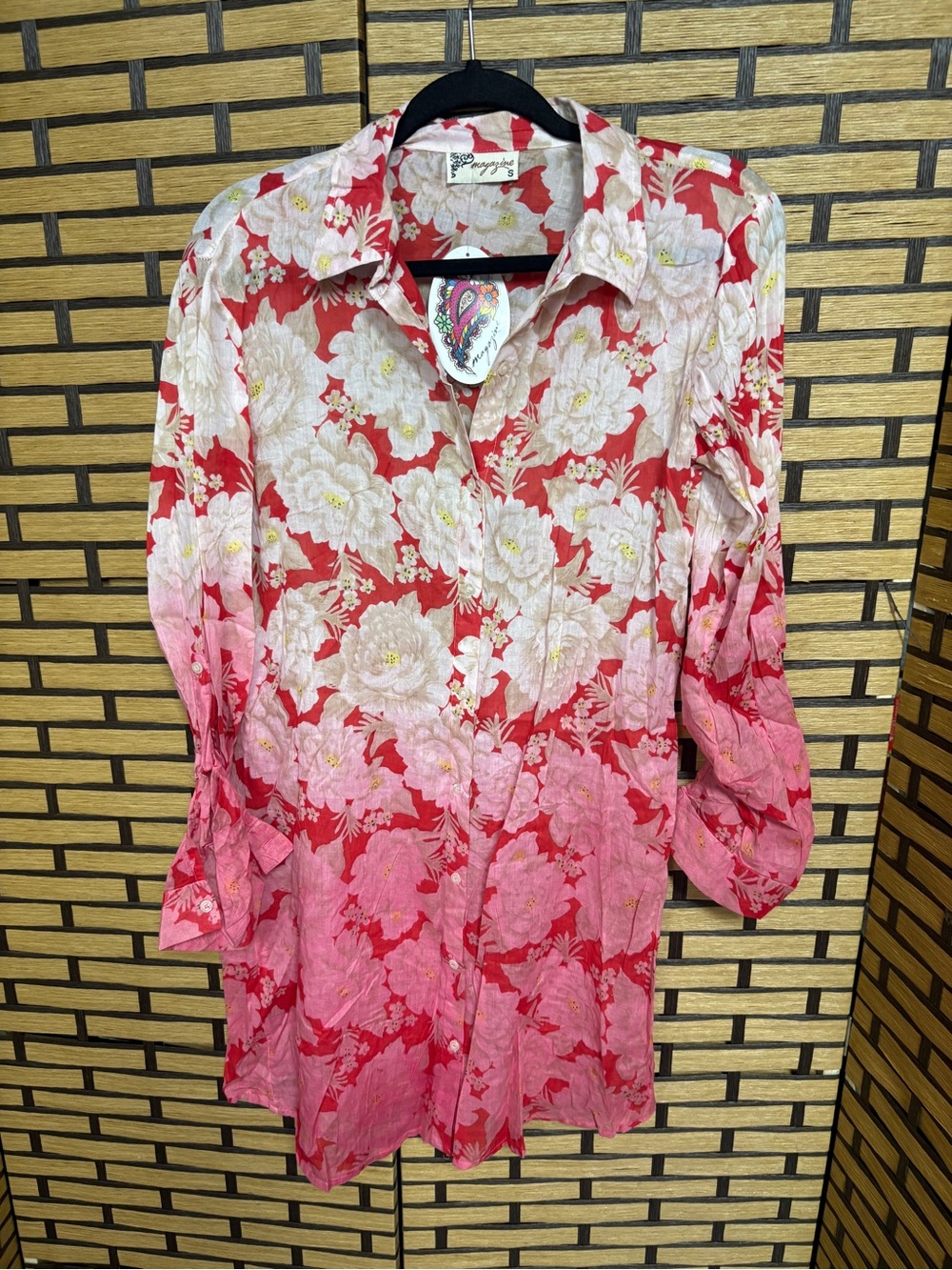 Red and tan floral button down tunic top size small